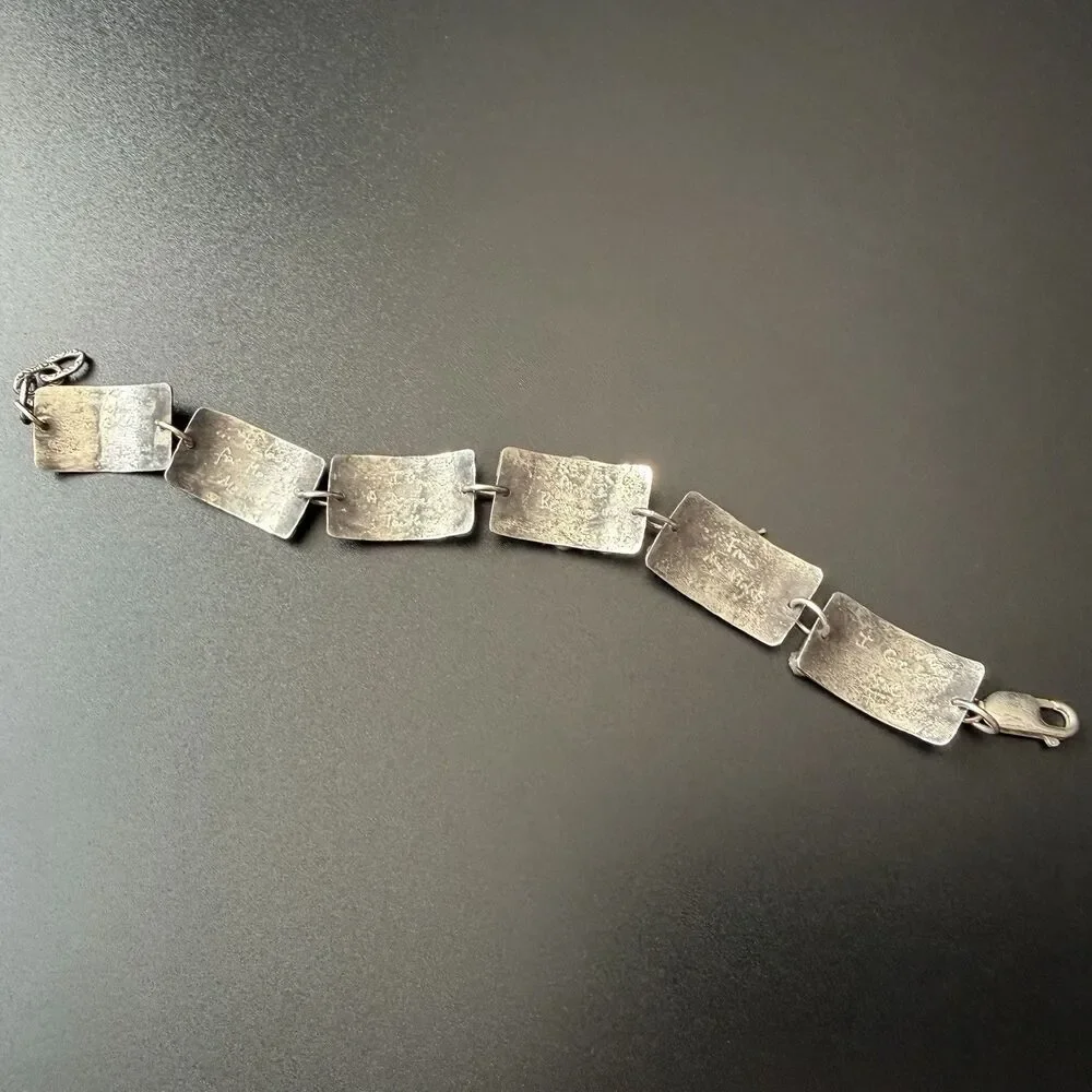 Vintage Handmade Artisan Panel Link Bracelet 925 Sterling Silver 14K Gold & Gems